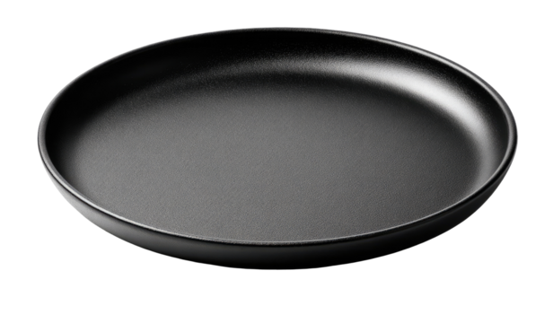 A dark gray, circular, flat pan.  Smooth, non-stick surface.  Perfect for cooking
