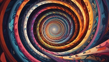 A spiraling abstract depiction featuring a vibrant blend of colors swirling inward, creating a mesmerizing optical illusion