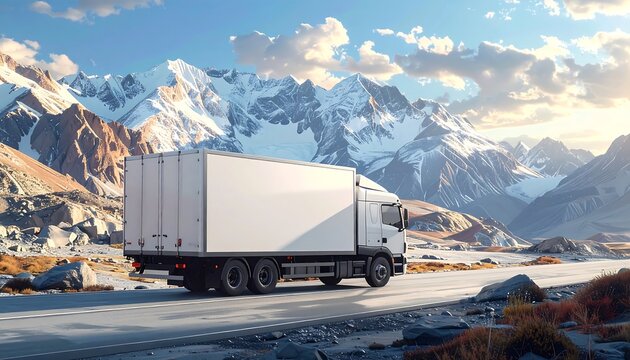 A large white truck is driving on a mountain road with snow-capped mountains in the background under a cloudy sky