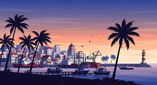 Tropical Cityscape at Sunset with Palm Trees and Harbor.