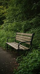 Fototapeta premium An empty wooden park bench nestled amongst vibrant greenery offers a perfect spot for peaceful contemplation and a tranquil nature retreat holiday ,bench ,time off ,park
