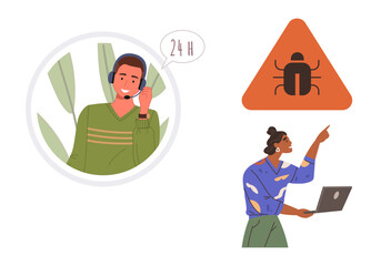 Man with headset providing 24-hour support, woman with laptop identifying software bug. Ideal for customer service, IT support, troubleshooting, communication, technology, problem-solving, simple