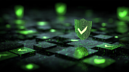 Shield with check hovering over data tiles to illustrate validated security, quality assurance and a trusted platform.

