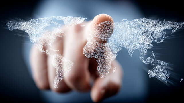 Finger selecting a region on a digital world map to express global access, location targeting and network control.
