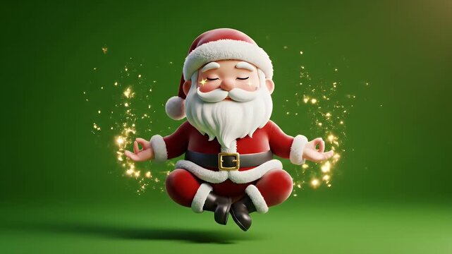 Premium 3D Animation: Santa Claus Finds Holiday Peace, Meditating in Floating Yoga Pose with Magical Golden Sparkles on Festive Green Background.