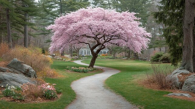 Decorated living room with fireplace and large windows for the holiday season.