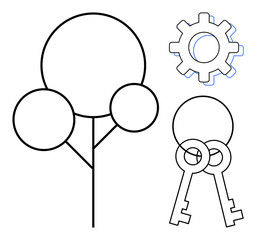 Abstract tree with three circular branches, gear symbol, and two crossed keys. Ideal for growth, creativity, innovation, problem-solving, teamwork security and simplicity. Simple flat metaphor