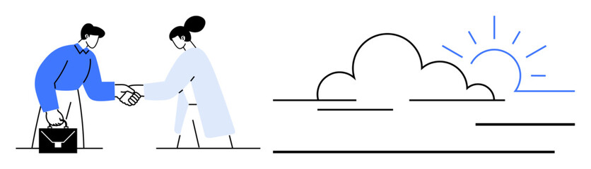 Two professionals shaking hands symbolize partnership and collaboration, accompanied by a rising sun and clouds representing hope, growth, and new beginnings. Ideal for business, teamwork