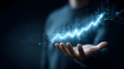 concept of a holographic line graph floating above a hand, symbolizing growth, data analysis, and investment strategies.