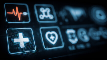 Health interface icons including cross and heart representing patient care, telemedicine access, and reliable digital healthcare services.

