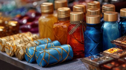 Close-up of colorful essential oil bottles and decorative packaging on wood table