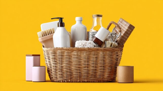 Yellow background self-care products in basket for skincare and wellness themes