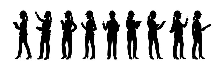 Silhouettes of female engineers and architects in helmets standing with blueprints, tablets, and clipboards. Professional women in engineering. Vector flat style illustration isolated on white