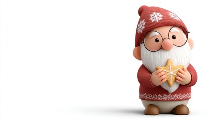 Adorable 3d christmas gnome holding tasty star cookie, copy space