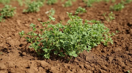 Young alfalfa sprouts growing in a field.