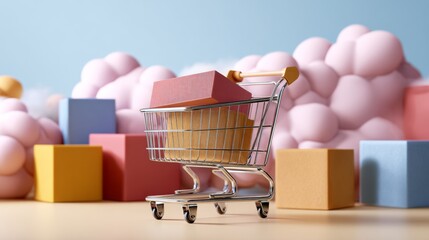 Toy-style shopping cart with pastel clouds and boxes in playful visual composition for childlike retail concept