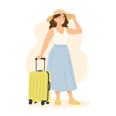 casual woman packing and preparing for beach and city adventures, casual female traveler reviews her itinerary on smartphone before enjoying seaside and urban
