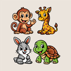 Fun monkey giraffe rabbit and turtle animal compilation cartoon character isolated drawing line style design illustration