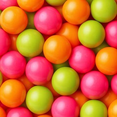 Colorful round candies in pink orange and green bright glossy sweets macro pattern confectionery background vibrant sugar coated chews ideal for advertising design