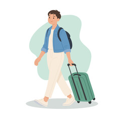 Young traveler woman walking with suitcase and backpack, concept of journey, vacation, and modern travel lifestyle, flat vector illustration for tourism, airport, or adventure themes. © evgenia_lo