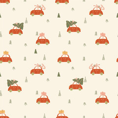 Seamless Vector Pattern Cute red retro car delivering Christmas tree new year gifts white background