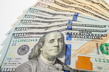 Cash money, US dollar bills of various denominations