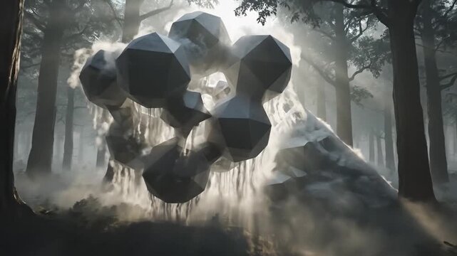 Floating cloud cube and pyramid in foggy mystical forest with light rays
