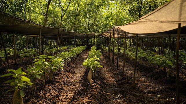Sapling nursery in tropical forest, sunlight filters through shade cloth, background lush vegetation. Use Agriculture, sustainability.