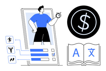 Smartphone interface tracks fitness goals with user stats and icons for exercise, study, and spending. Ideal for health tech, finances, education, productivity, data analysis, lifestyle apps simple