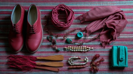 Flatlay of fashion accessories and shoes in coordinated tones