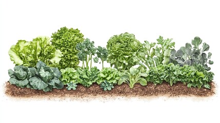 Lush garden vegetables, growing in soil, white background, healthy food concept