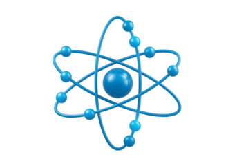 Blue atom model with orbiting electrons, representing science and technology isolated on transparent background