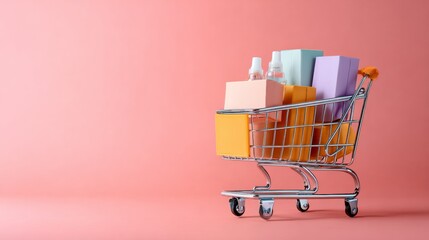 Mini shopping cart filled with wrapped gifts and boxes on pink background for celebration