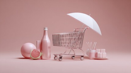 Mini cart under beach umbrella with spa products on pink background for summer wellness