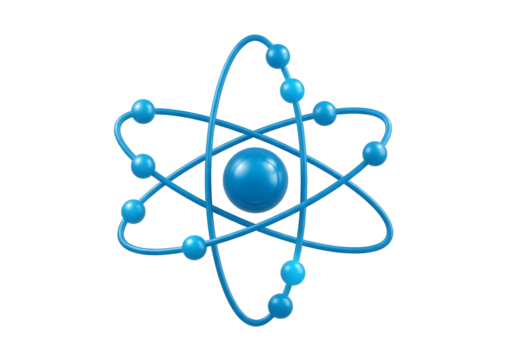 Blue atom model with orbiting electrons, representing science and technology isolated on transparent background