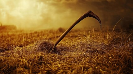 Scythe in harvested field at sunset; autumnal rural scene; harvest imagery