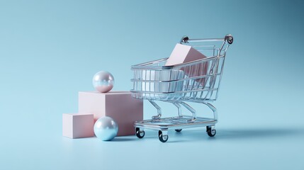 Minimalist shopping cart with spheres on cyan background