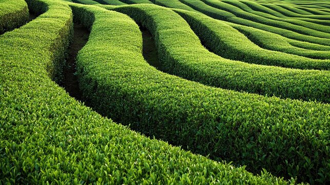 Lush green tea plantation rows, hillside farm, sunlight, agriculture