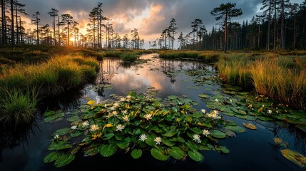 Wetland landscape with water lilies trees and a dramatic sky at sunset.