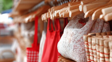 Close-up of hanging bags in a summer market