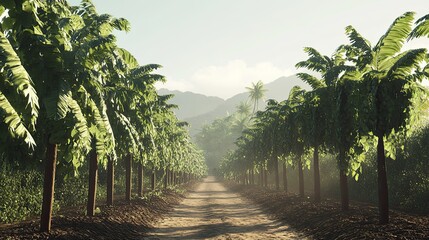 Tropical palm plantation road sunrise, misty mountains background; travel, tourism.