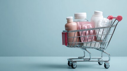 Shopping cart with medicine bottles and pills