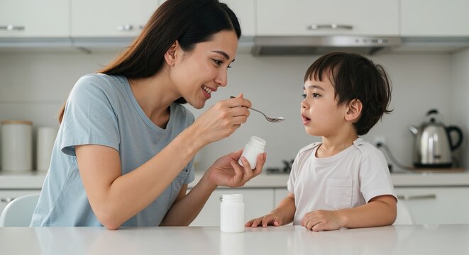 Caring mother spoon-feeding liquid medicine to her young son