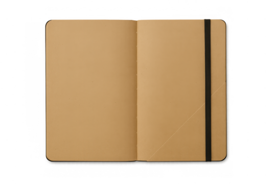 Open blank notebook with plain beige kraft paper pages and black elastic closure, isolated on transparent background