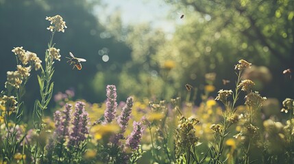 Bees pollinating wildflowers in sunny meadow