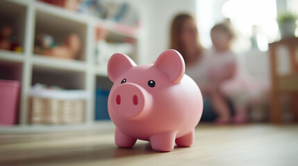 Obraz premium A pink piggy bank sits on a wooden floor. It's in a family's playroom.