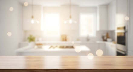 Kitchen With Blurred Backdrop And Rustic Wooden Table In Foreground