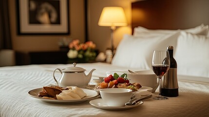Romantic hotel room breakfast in bed, wine, fruit.