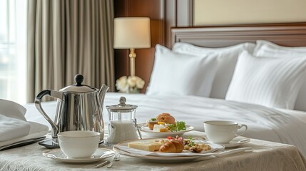 Hotel room breakfast Tea, pastries, and bed.  Ideal for travel blogs.