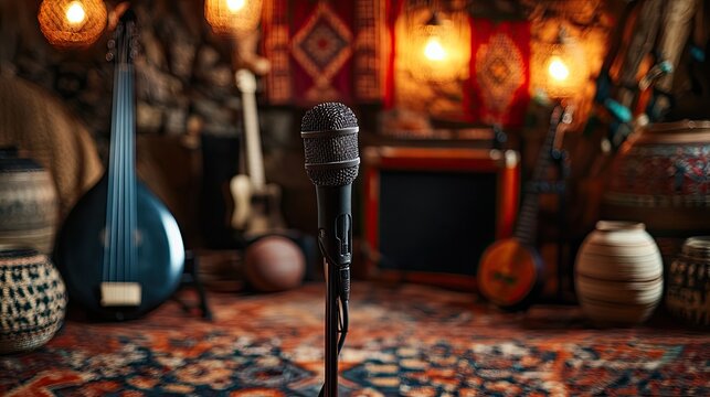 Microphone on rug in bohemian music room.